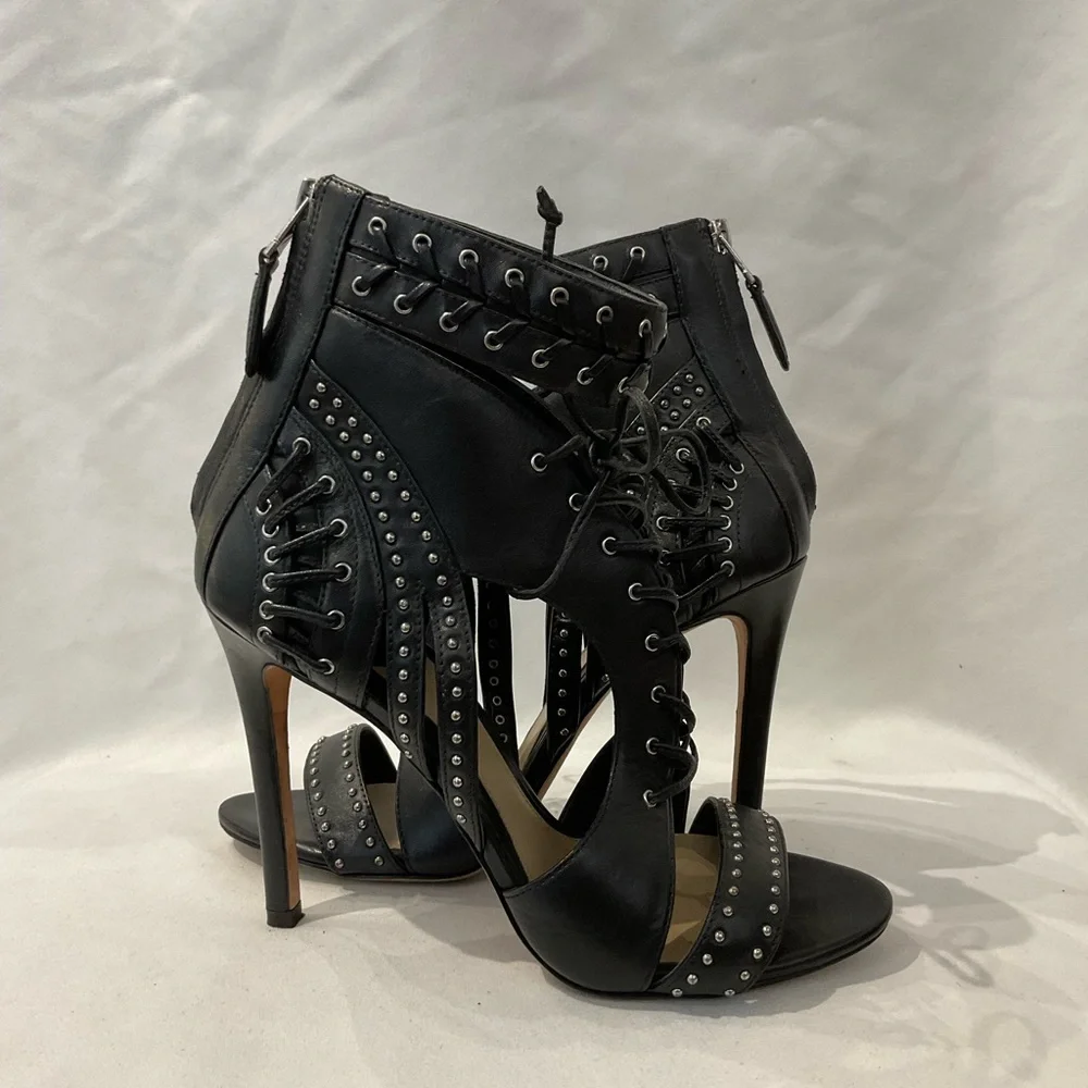 Brian Atwood Black Studded Lace-Up Stiletto Sandals